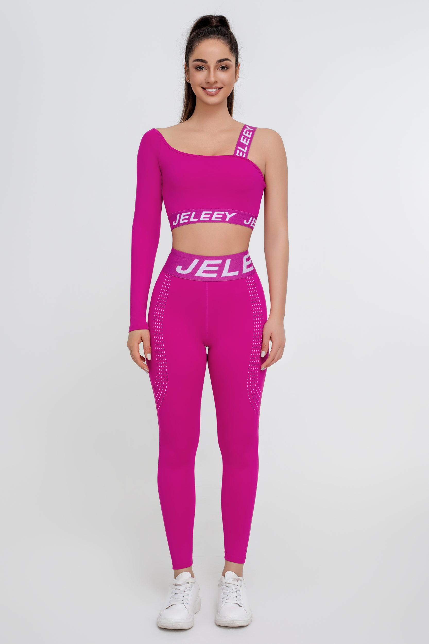 Traje deportivo sexy de dos piezas a juego de color rosa para mujer - Jeleey