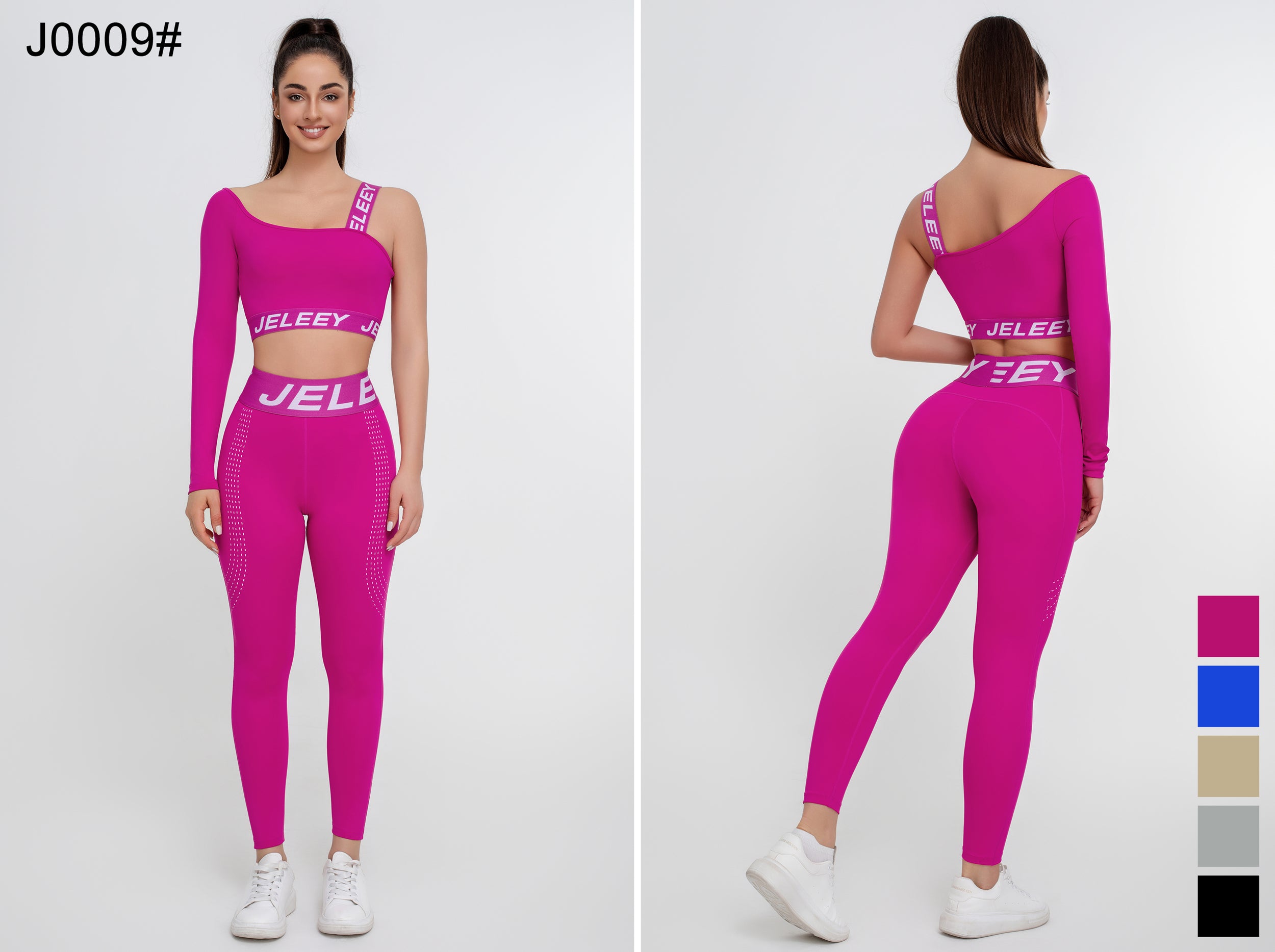 Traje deportivo sexy de dos piezas a juego de color rosa para mujer - Jeleey