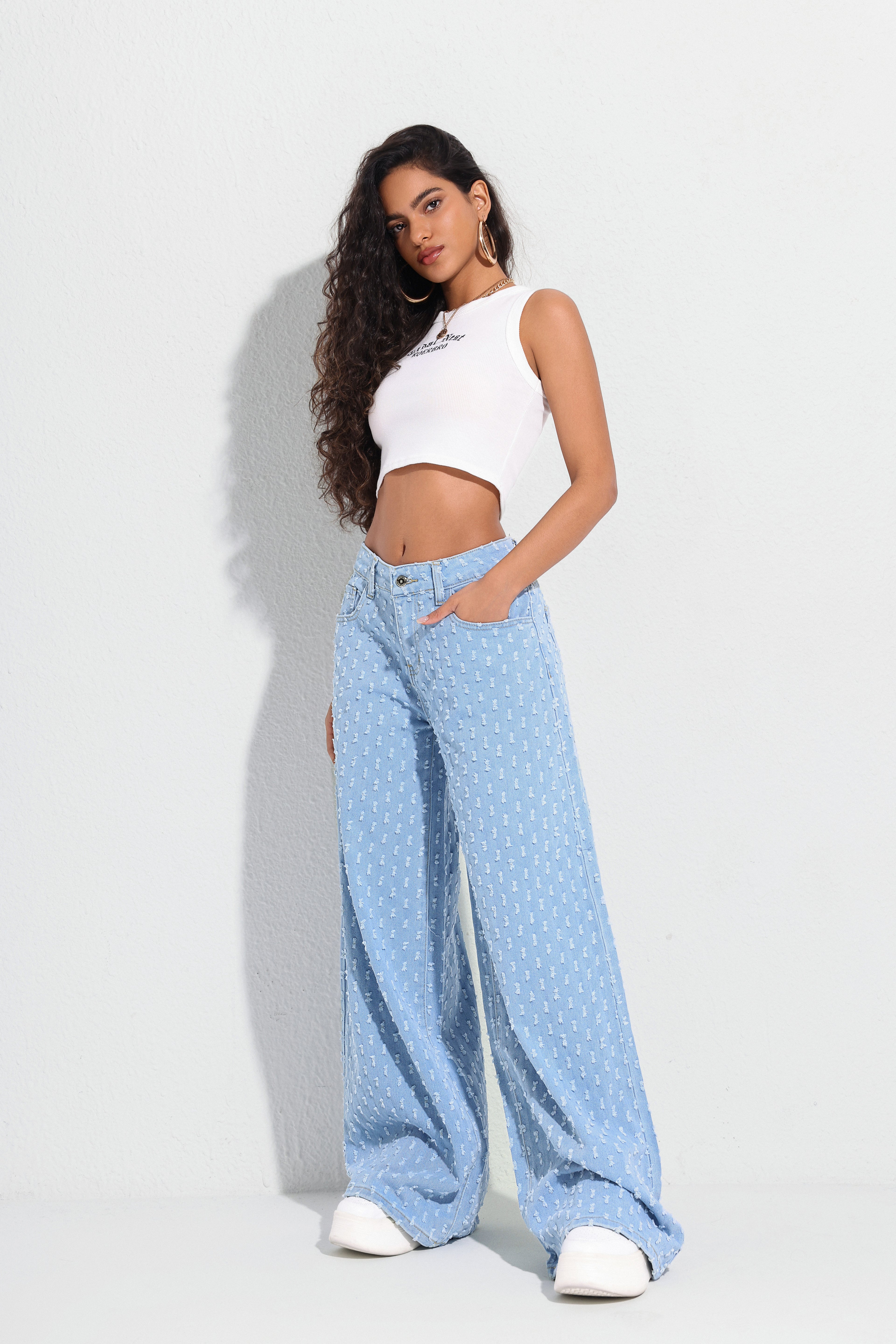 Jeans Anchos Azul con Estampado Texturizado – Estilo Único y Comodidad Total - Jeleey