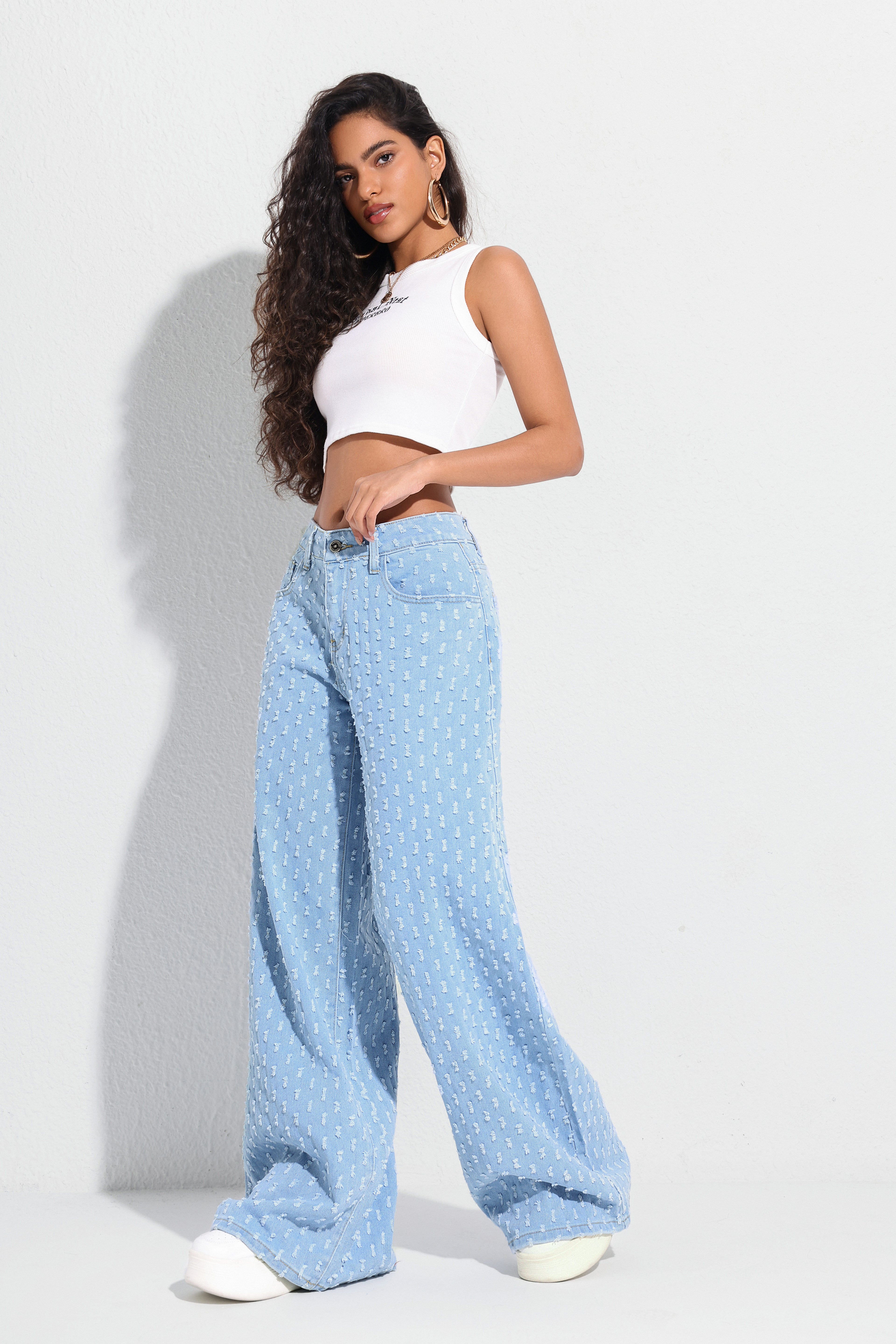 Jeans Anchos Azul con Estampado Texturizado – Estilo Único y Comodidad Total - Jeleey