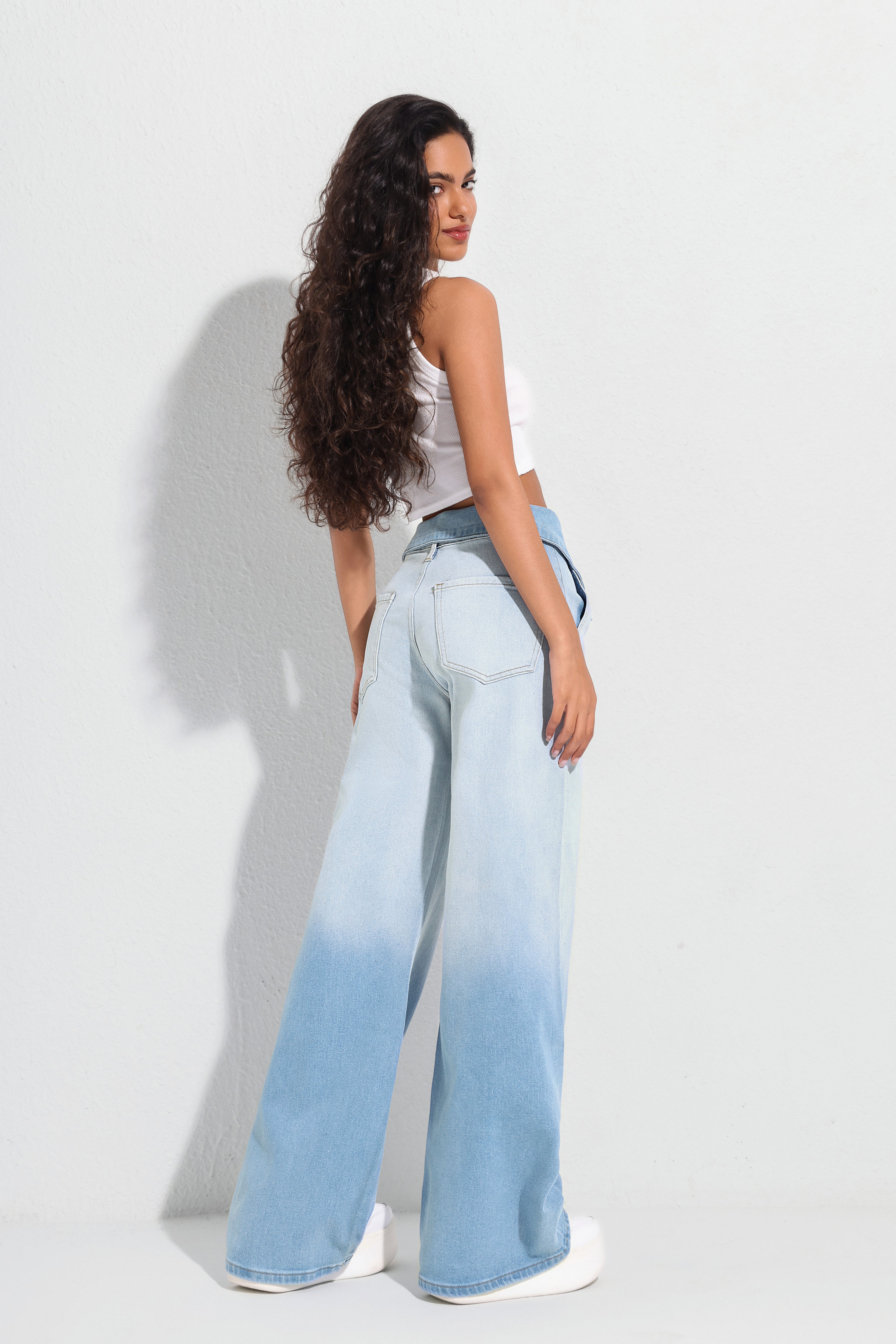 Jeans, diseño especial de solapa, estilo azul lavado degradado - Jeleey