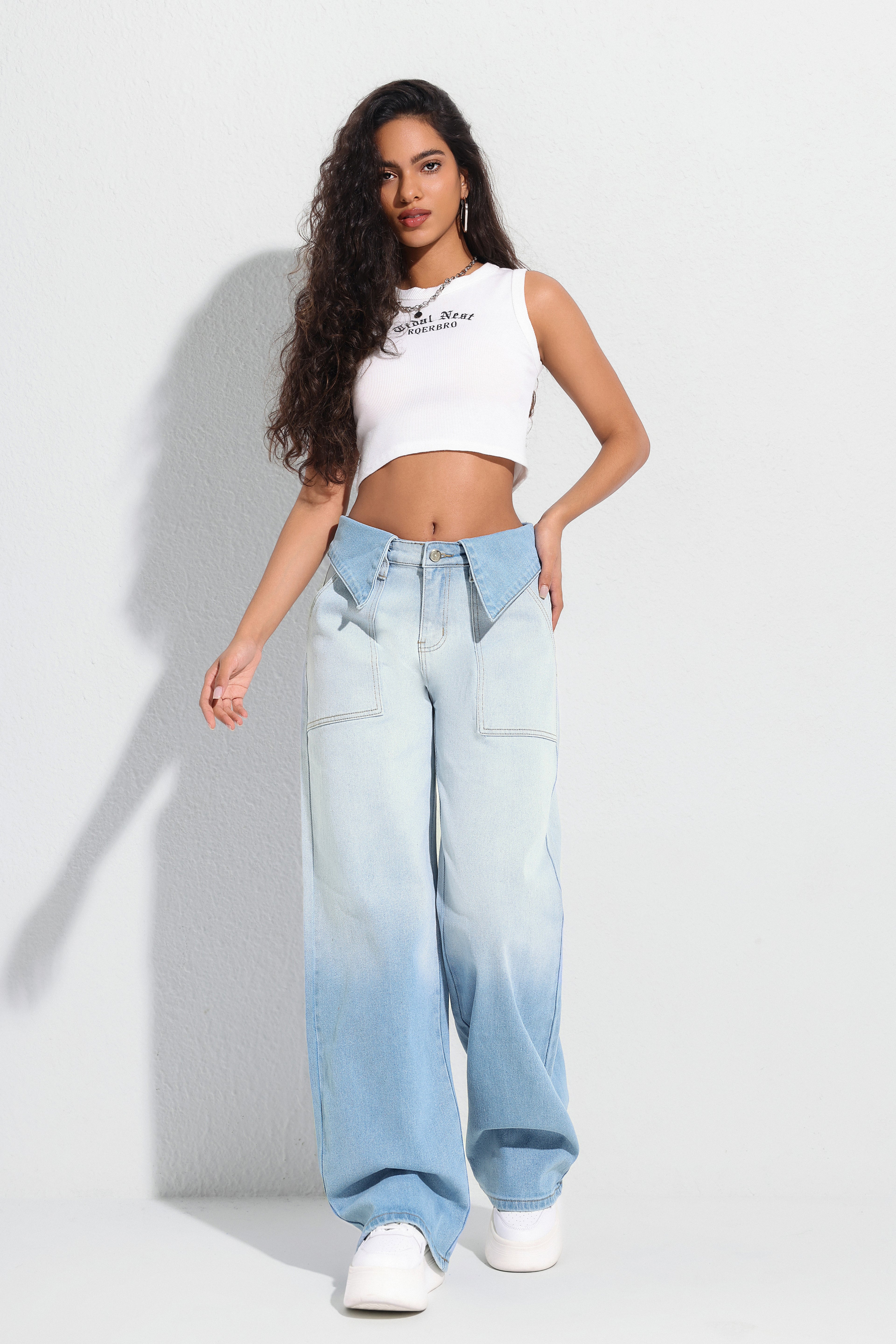 Jeans, diseño especial de solapa, estilo azul lavado degradado - Jeleey