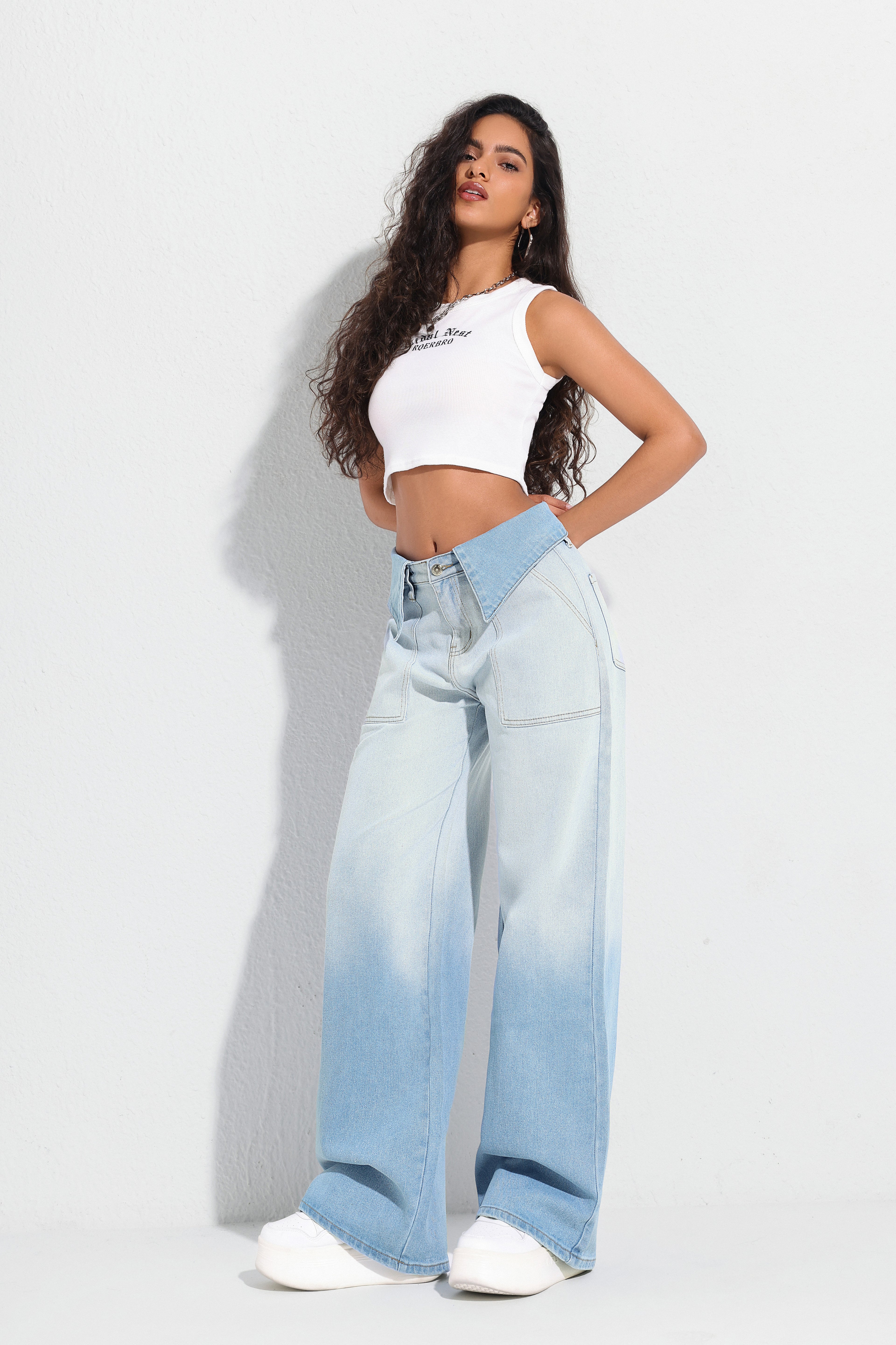 Jeans, diseño especial de solapa, estilo azul lavado degradado - Jeleey