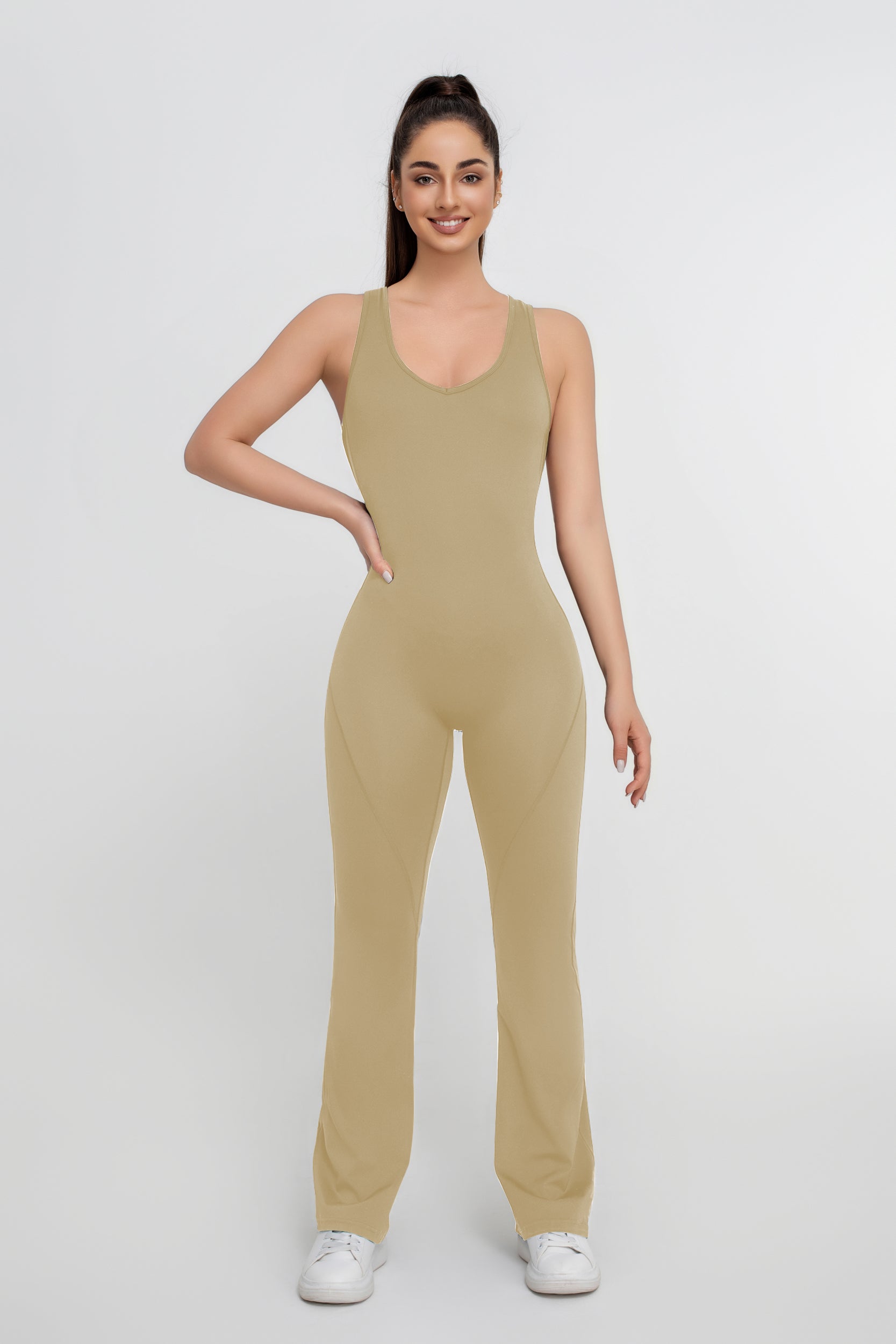 Mono ajustado elástico con espalda hermosa de color sólido para mujer - Jeleey