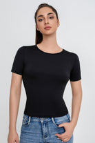 Camiseta ajustada de cuello en U de color liso para mujer - Jeleey