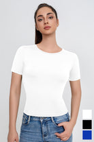 Camiseta ajustada de cuello en U de color liso para mujer - Jeleey