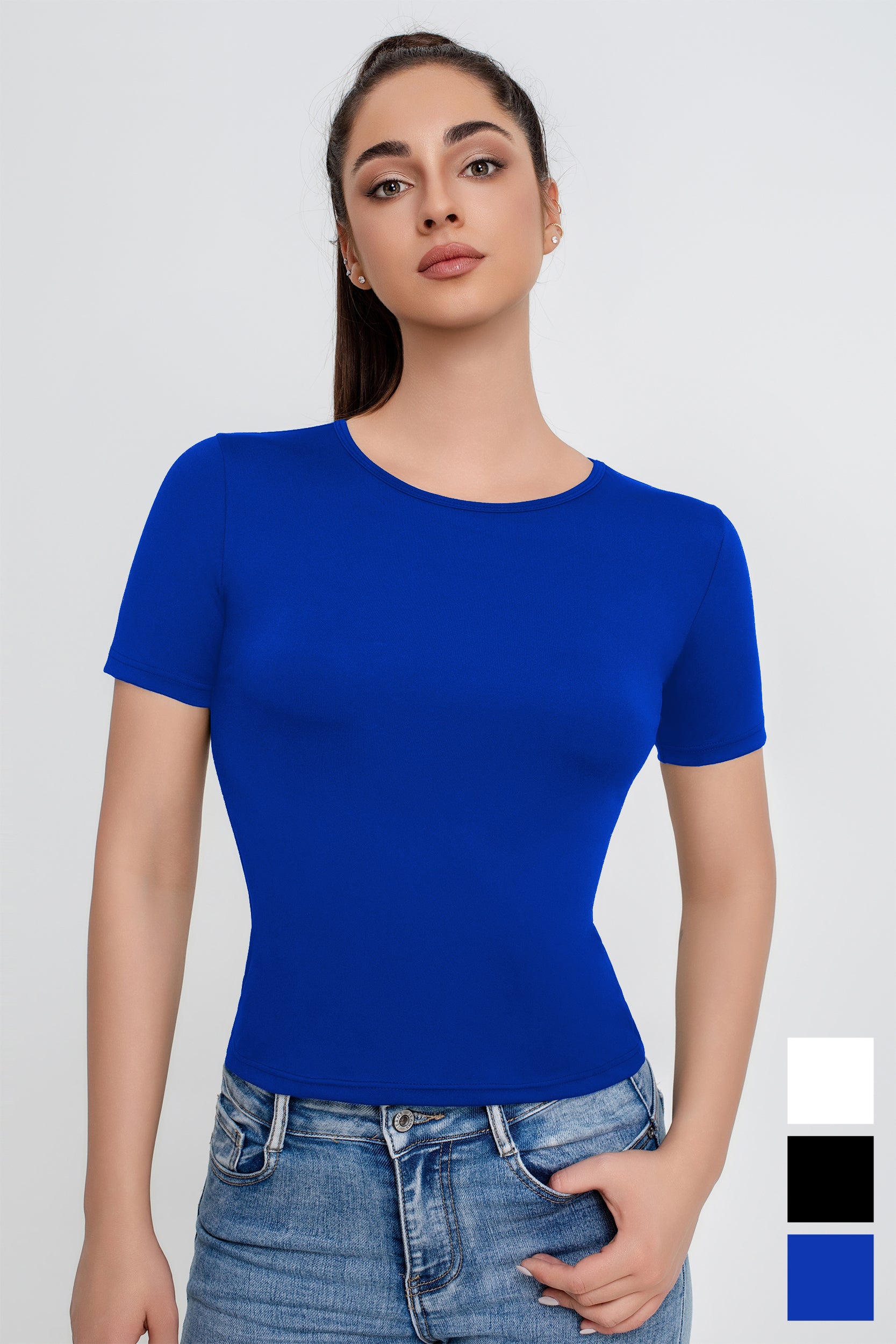 Camiseta ajustada de cuello en U de color liso para mujer - Jeleey