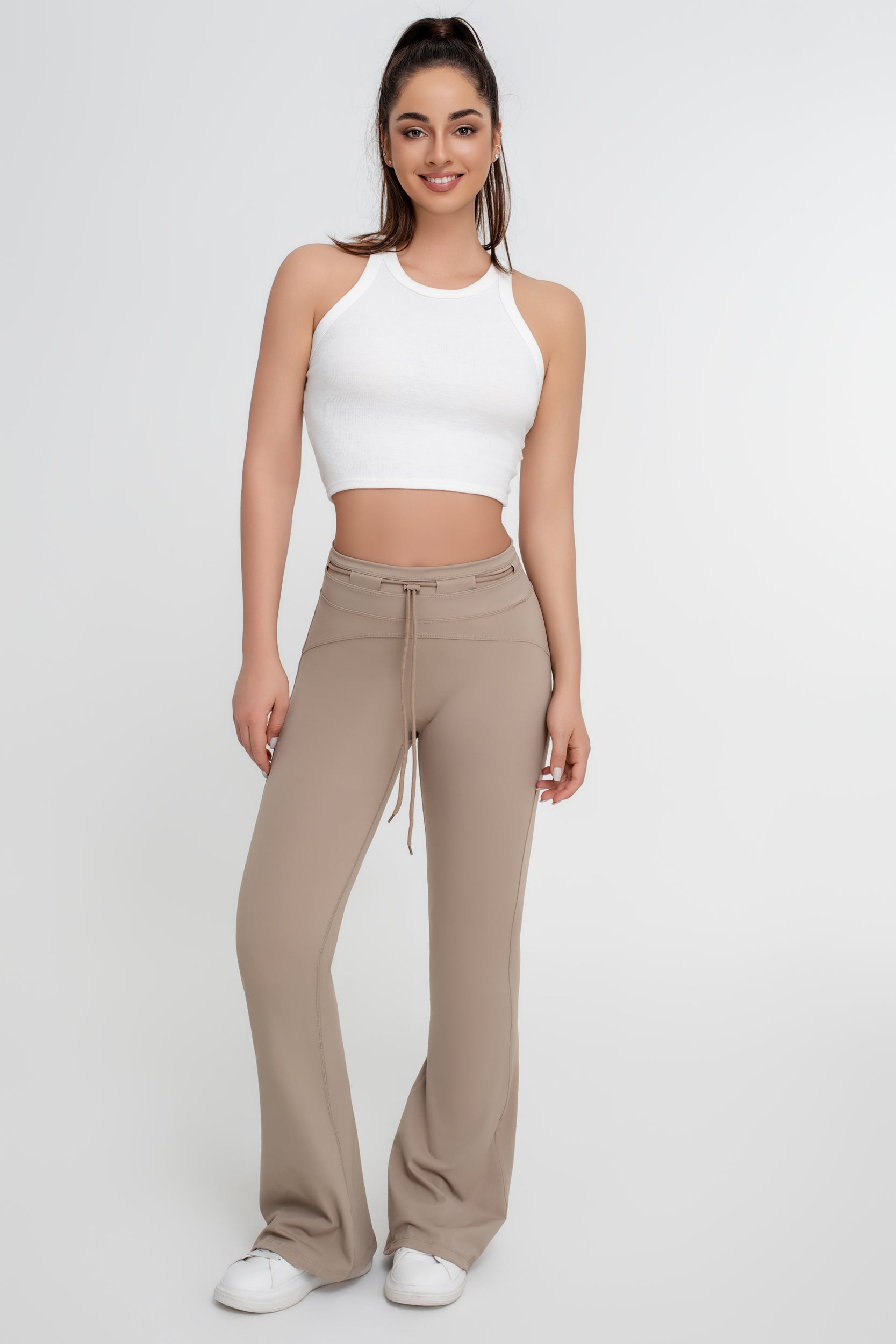 Pantalones acampanados ajustados con cordones y cintura alta de color liso para mujer - Jeleey