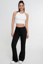 Pantalones acampanados ajustados con cordones y cintura alta de color liso para mujer - Jeleey