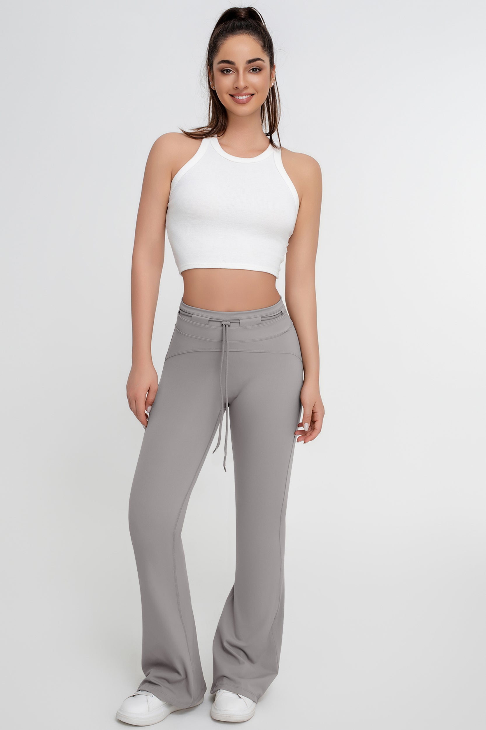 Pantalones acampanados ajustados con cordones y cintura alta de color liso para mujer - Jeleey