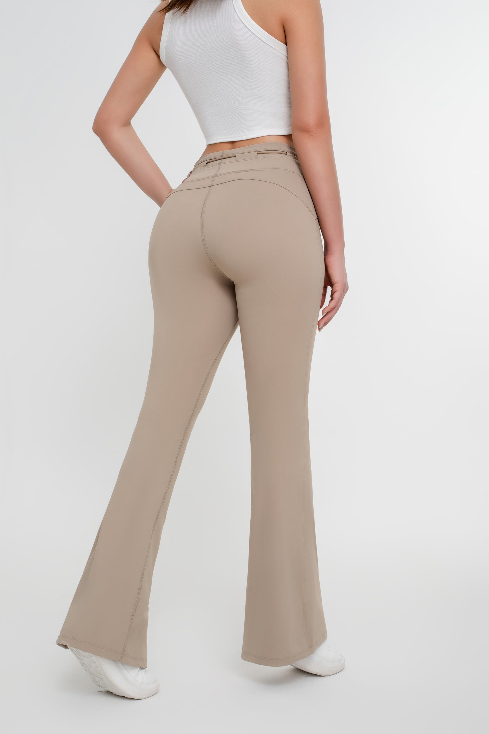 Pantalones acampanados ajustados con cordones y cintura alta de color liso para mujer - Jeleey