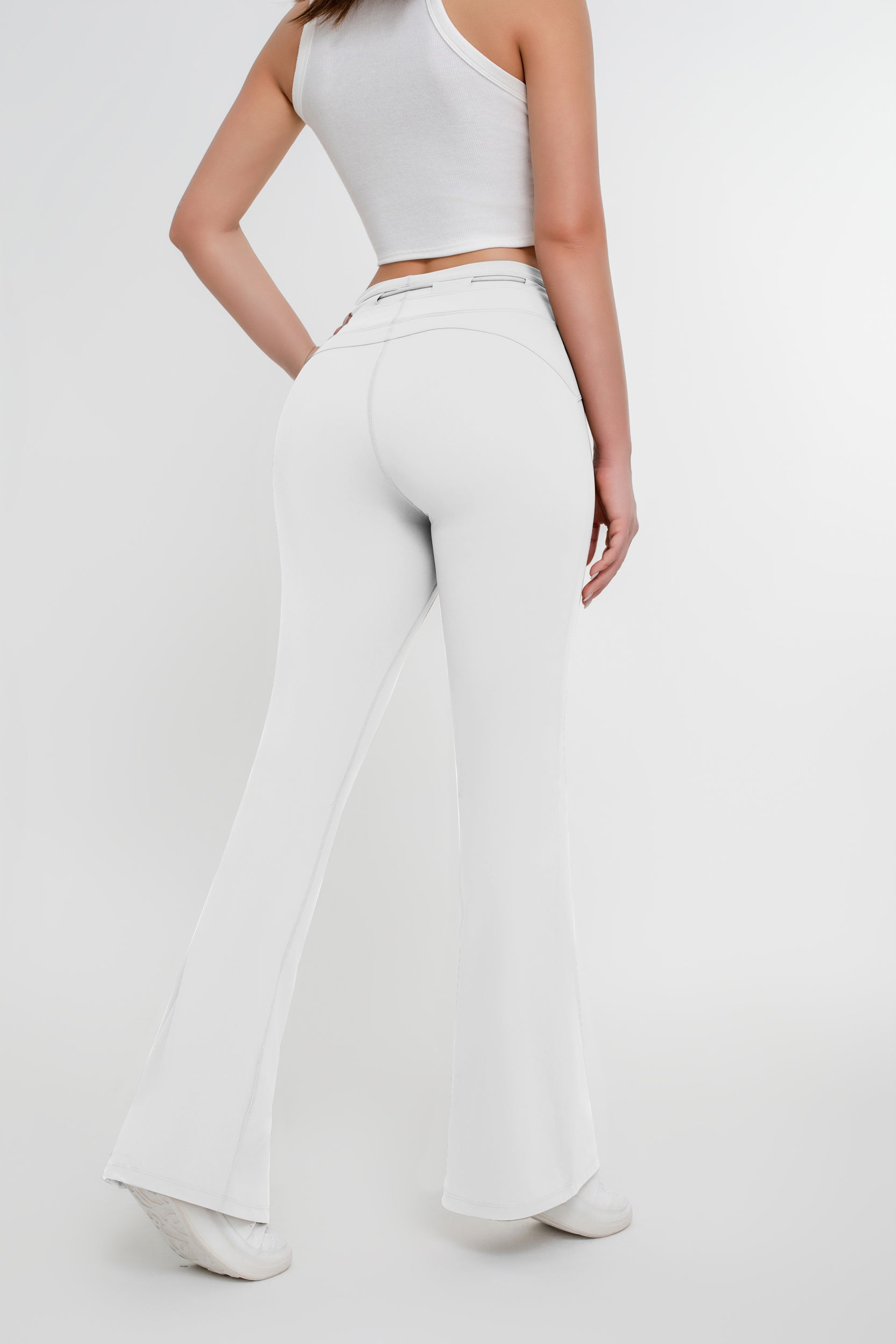 Pantalones acampanados ajustados con cordones y cintura alta de color liso para mujer - Jeleey