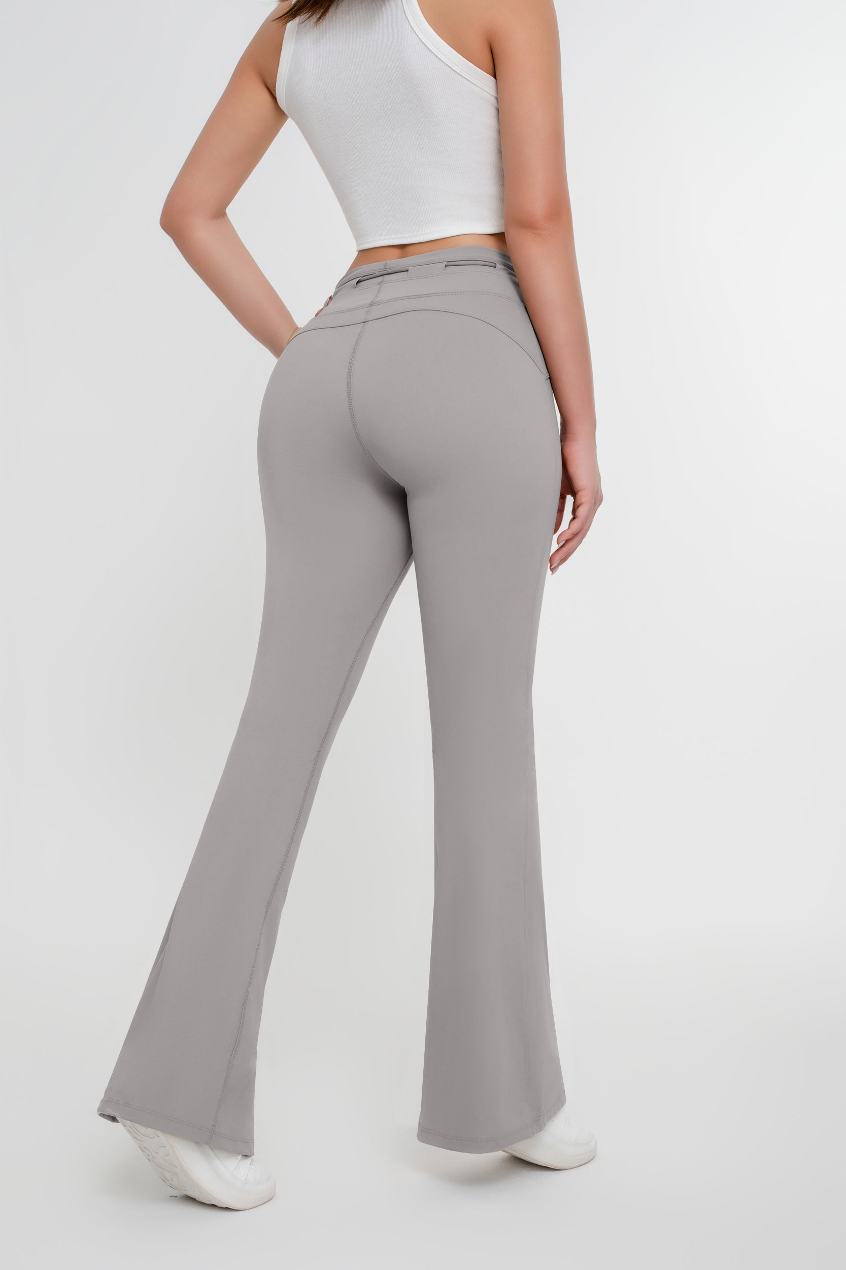 Pantalones acampanados ajustados con cordones y cintura alta de color liso para mujer - Jeleey