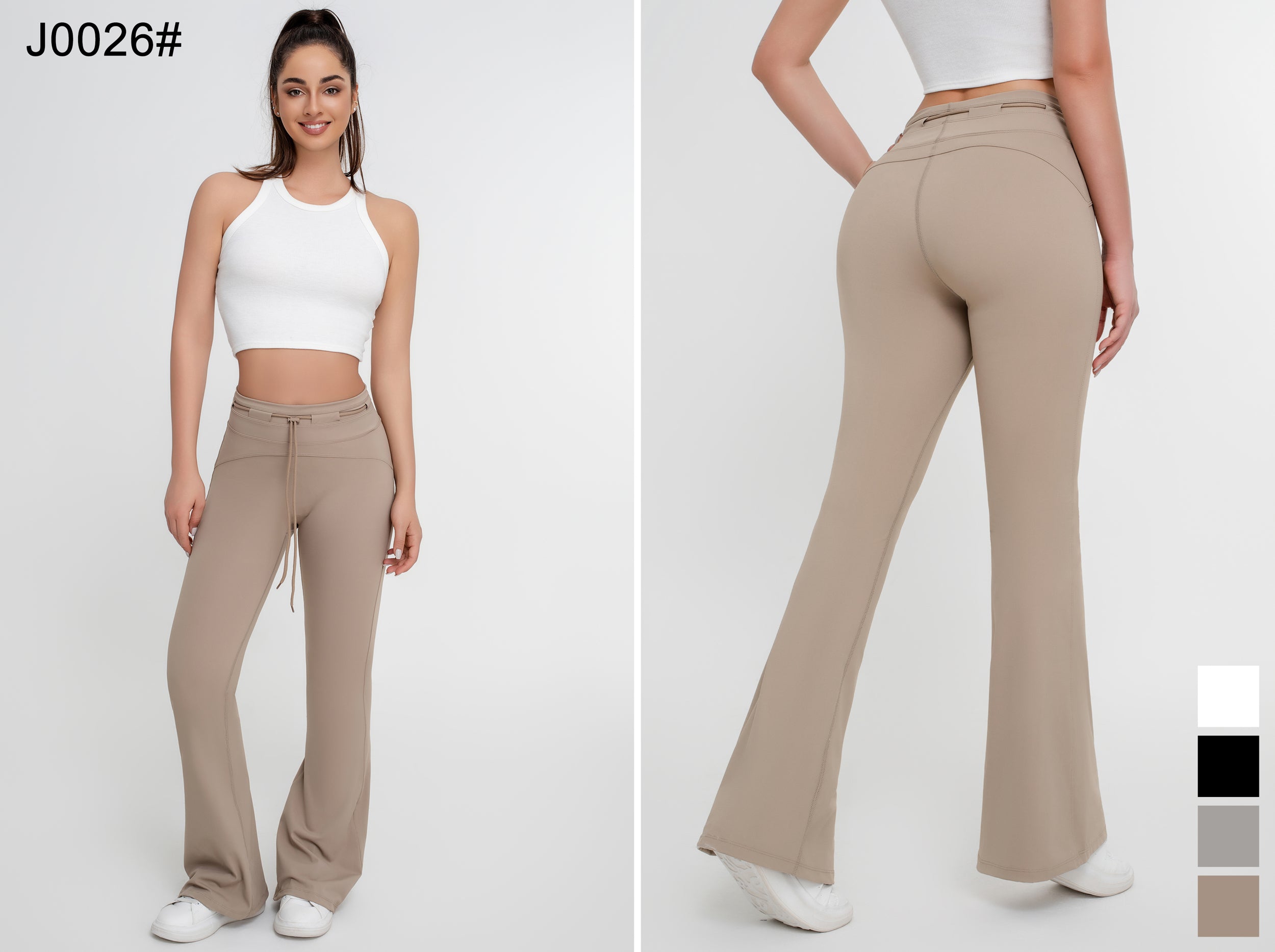 Pantalones acampanados ajustados con cordones y cintura alta de color liso para mujer - Jeleey