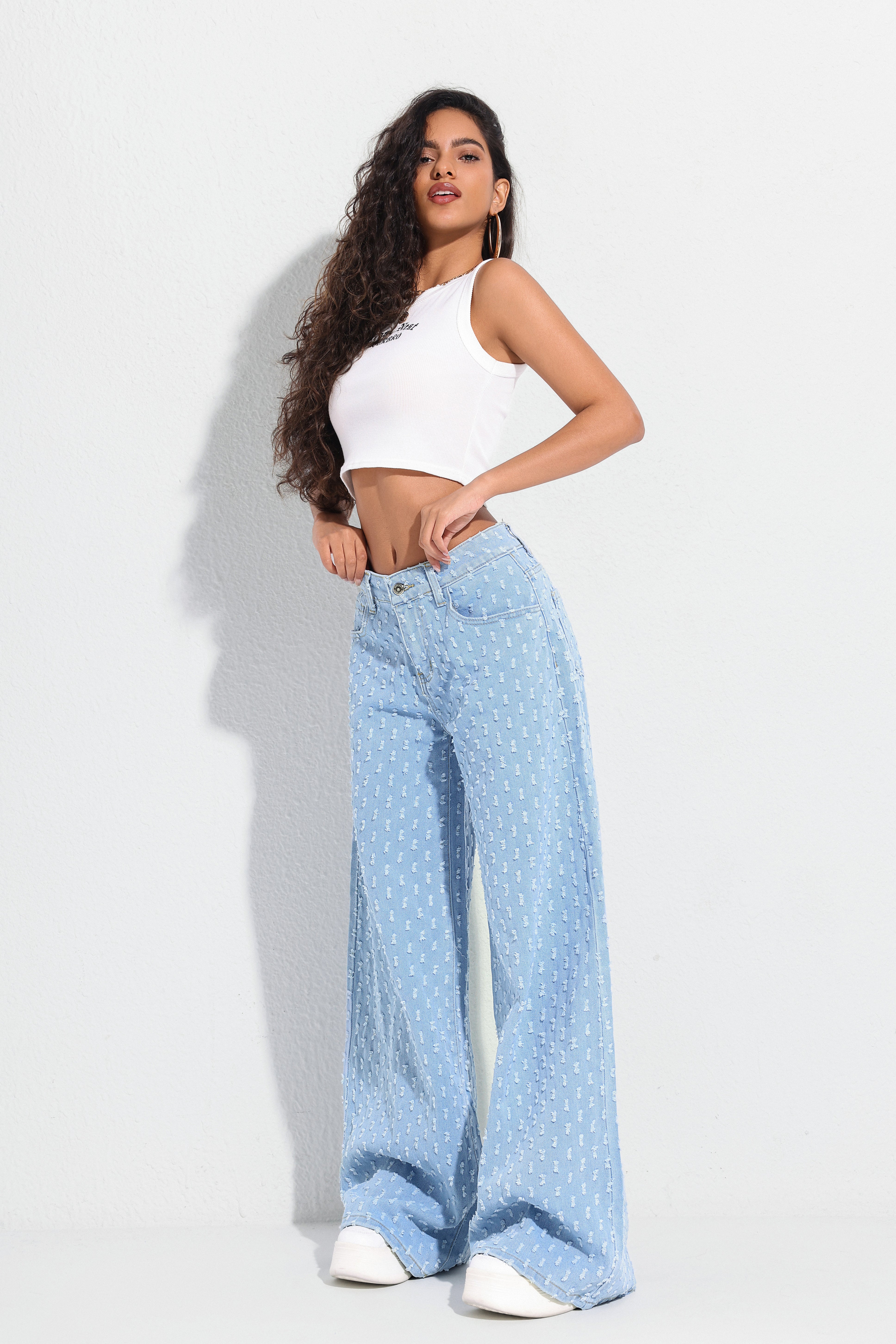 Jeans Anchos Azul con Estampado Texturizado – Estilo Único y Comodidad Total - Jeleey